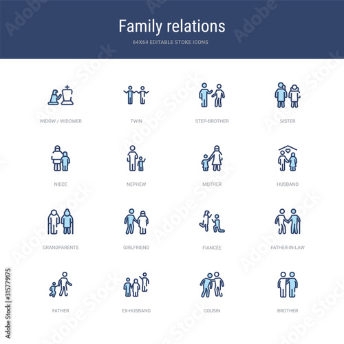 set of 16 vector stroke icons such as brother, cousin, ex-husband, father, father-in-law, fiancée from family relations concept. can be used for web, logo, ui\u002fux