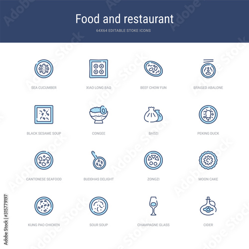 set of 16 vector stroke icons such as cider, champagne glass, sour soup, kung pao chicken, moon cake, zongzi from food and restaurant concept. can be used for web, logo, ui\u002fux