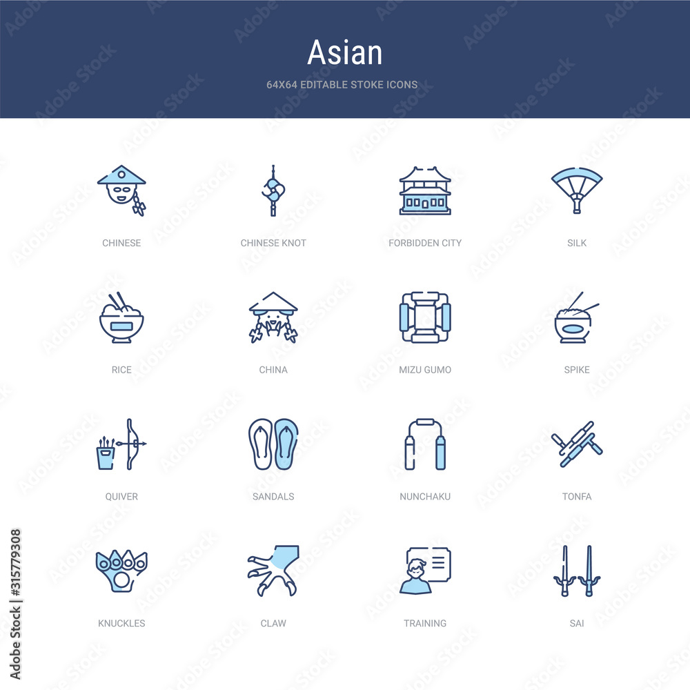 set of 16 vector stroke icons such as sai, training, claw, knuckles, tonfa, nunchaku from asian concept. can be used for web, logo, ui\u002fux