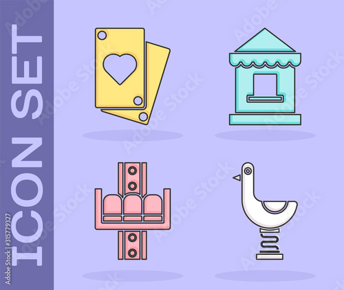 Set Riding kid duck, Playing card, Attraction carousel and Ticket box office icon. Vector