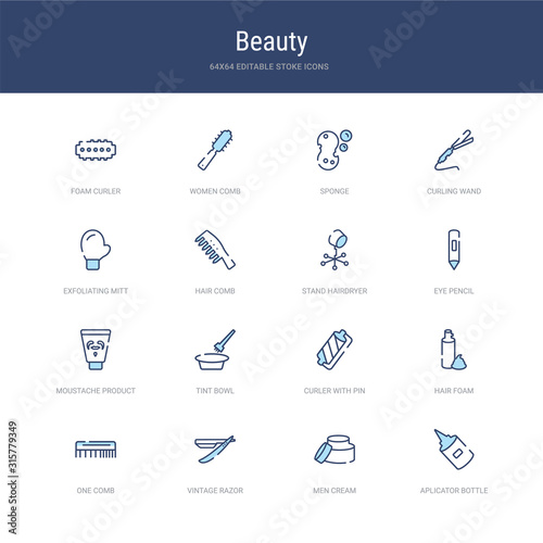 set of 16 vector stroke icons such as aplicator bottle, men cream, vintage razor, one comb, hair foam, curler with pin from beauty concept. can be used for web, logo, ui\u002fux