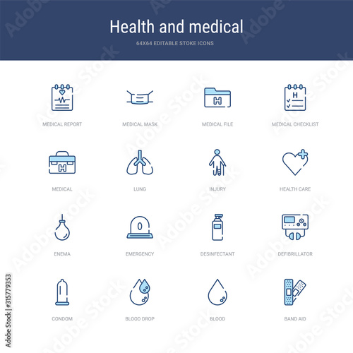 set of 16 vector stroke icons such as band aid, blood, blood drop, condom, defibrillator, desinfectant from health and medical concept. can be used for web, logo, ui\u002fux