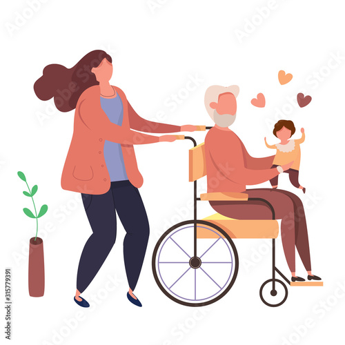 Modern vector illustration of happy family. Daughter with handicappem grandfather in wheelchair with kid on hands. Woman with disabled old man holding a baby in his arms. Family love concept