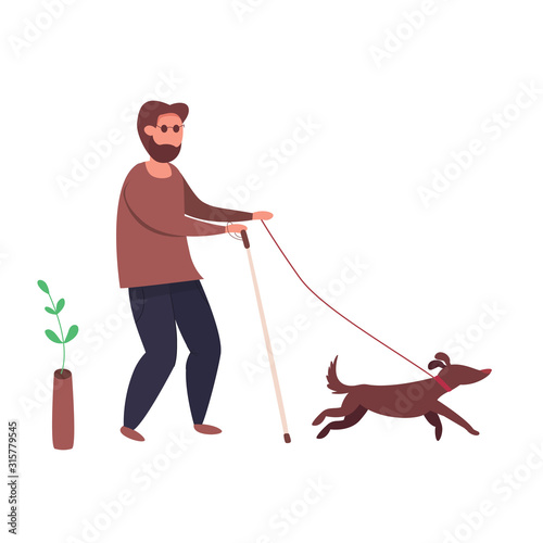 Modern vector illustration of blind man with guide dog. Disabled and healthy Pedestrian with pet. Assistance dog with owner.
