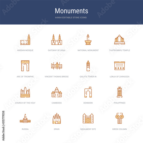 set of 16 vector stroke icons such as greek column, monument site, spain, russia, philippines, denmark from monuments concept. can be used for web, logo, ui\u002fux