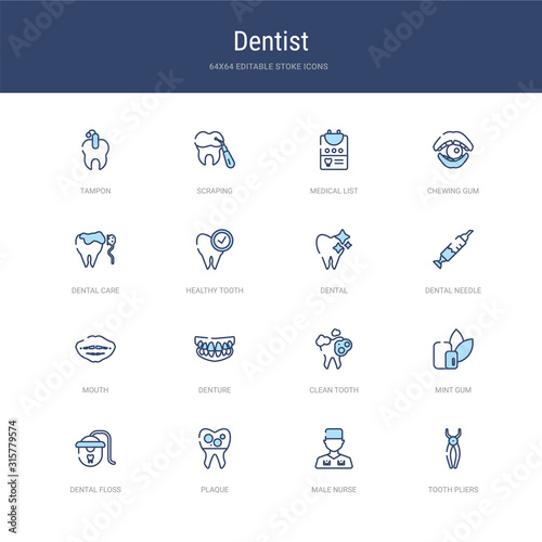 set of 16 vector stroke icons such as tooth pliers, male nurse, plaque, dental floss, mint gum, clean tooth from dentist concept. can be used for web, logo, ui\u002fux