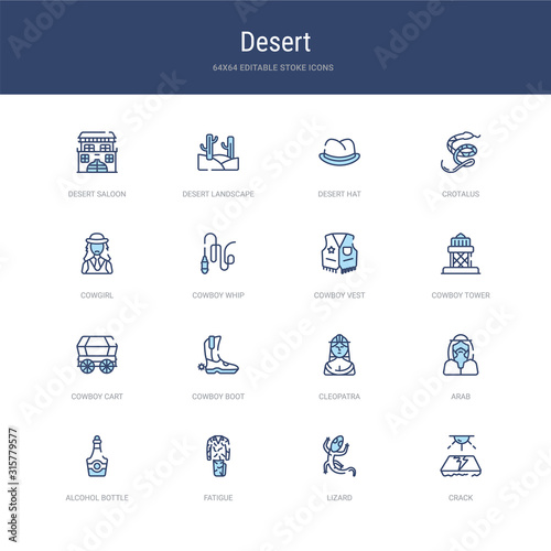 set of 16 vector stroke icons such as crack, lizard, fatigue, alcohol bottle, arab, cleopatra from desert concept. can be used for web, logo, ui\u002fux