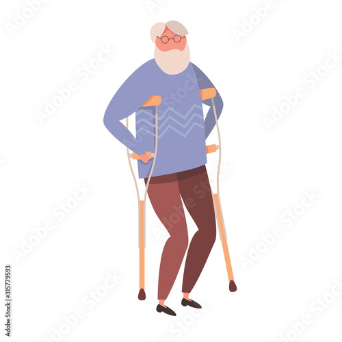 Modern vector illustration of old disabled man. An elderly man with walking cane. Isolated on white background.