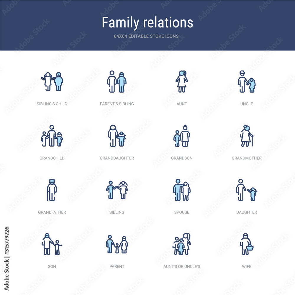 set of 16 vector stroke icons such as wife, aunt's or uncle's child, parent, son, daughter, spouse from family relations concept. can be used for web, logo, ui\u002fux