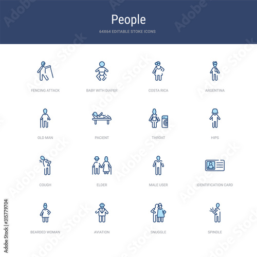 set of 16 vector stroke icons such as spindle, snuggle, aviation, bearded woman, identification card with picture, male user from people concept. can be used for web, logo, ui\u002fux