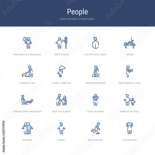 set of 16 vector stroke icons such as pulling hair, ski stick man, heads, hugging, hand of an adult, heart in hands from people concept. can be used for web, logo, ui\u002fux