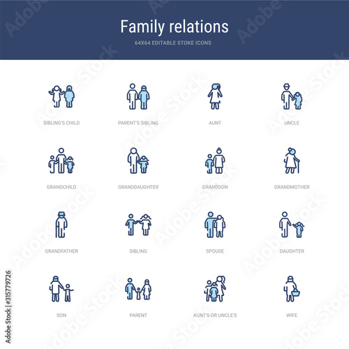 set of 16 vector stroke icons such as wife, aunt's or uncle's child, parent, son, daughter, spouse from family relations concept. can be used for web, logo, ui\u002fux