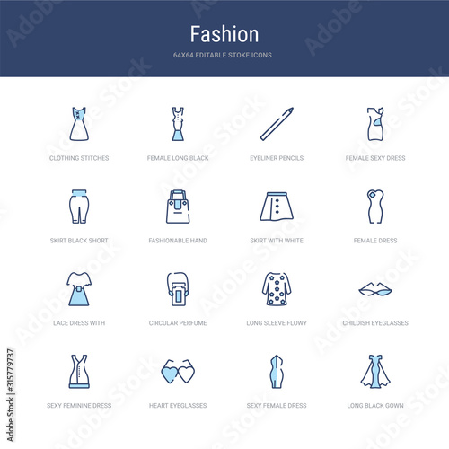 set of 16 vector stroke icons such as long black gown, sexy female dress, heart eyeglasses, sexy feminine dress in black, childish eyeglasses, long sleeve flowy dress from fashion concept. can be