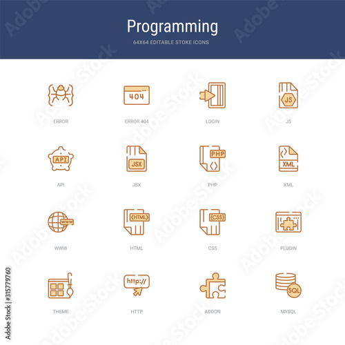 set of 16 vector stroke icons such as mysql, addon, http, theme, plugin, css from programming concept. can be used for web, logo, ui\u002fux
