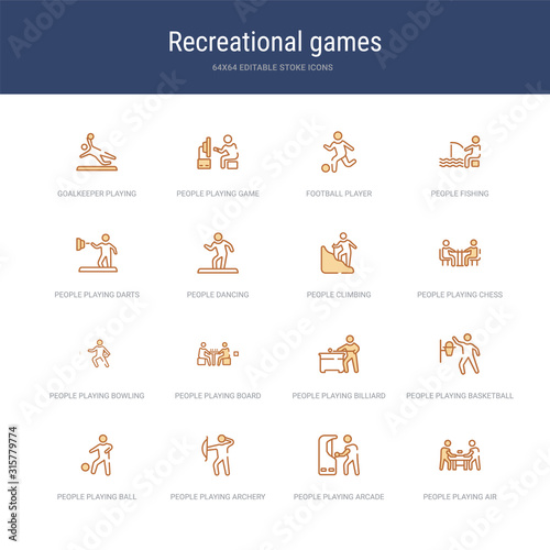 set of 16 vector stroke icons such as people playing air hockey, people playing arcade game, people playing archery, ball, basketball, billiard from recreational games concept. can be used for web,