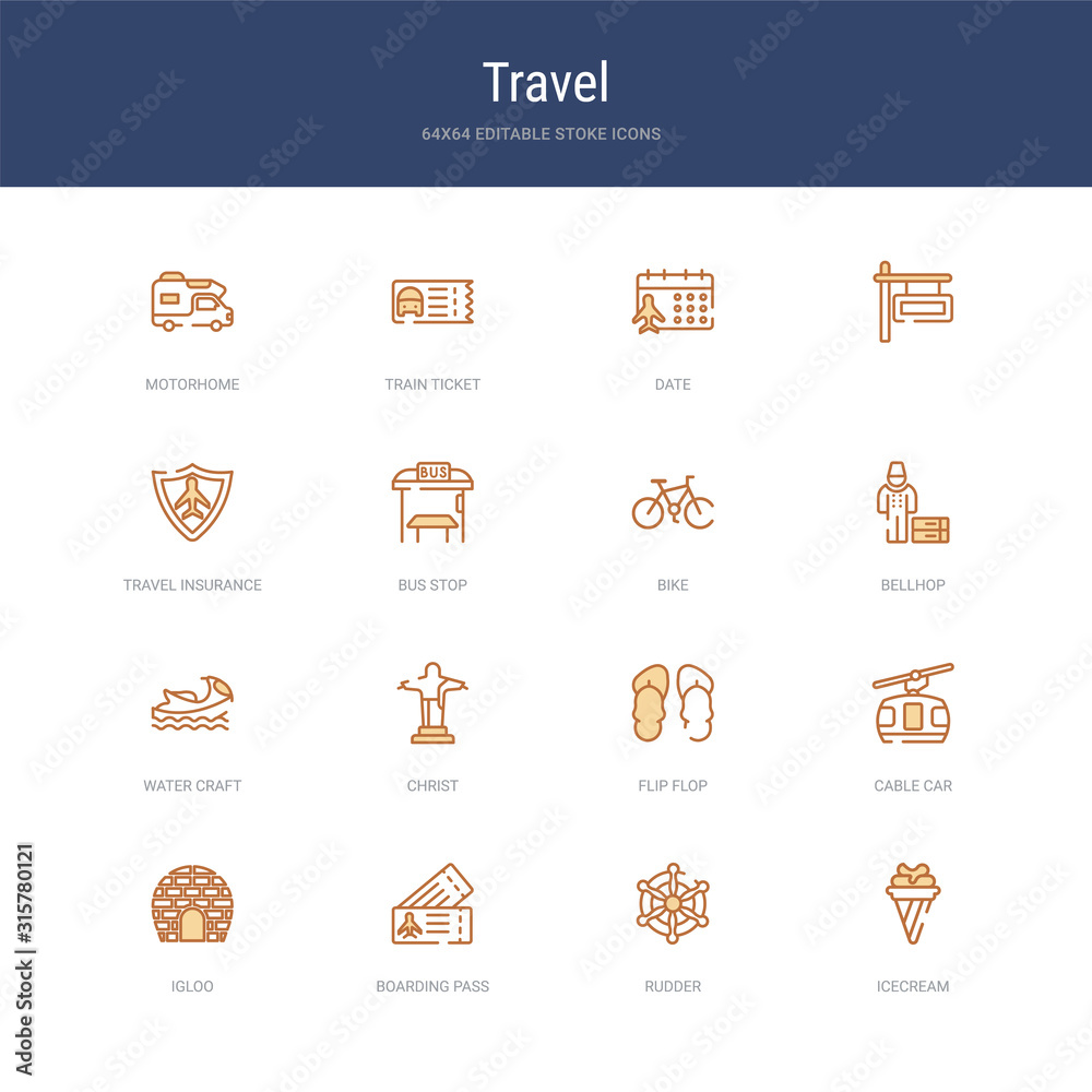 set of 16 vector stroke icons such as icecream, rudder, boarding pass, igloo, cable car, flip flop from travel concept. can be used for web, logo, ui\u002fux