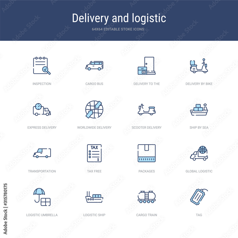 set of 16 vector stroke icons such as tag, cargo train, logistic ship, logistic umbrella, global logistic, packages from delivery and concept. can be used for web, logo, ui\u002fux