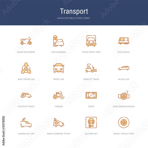 set of 16 vector stroke icons such as wheel vehicle part, car and key, media company truck with satellite, journalist van, zero emission badge, crate from transport concept. can be used for web,