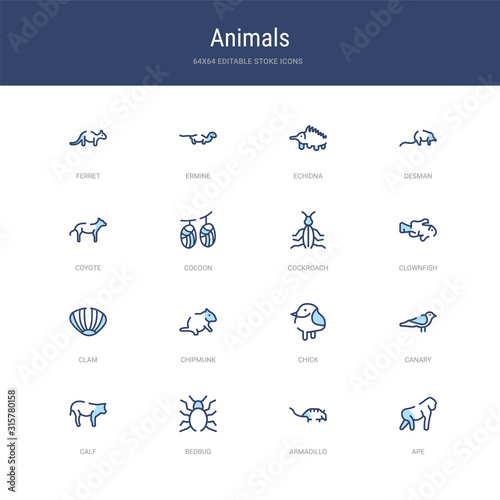 set of 16 vector stroke icons such as ape, armadillo, bedbug, calf, canary, chick from animals concept. can be used for web, logo, ui\u002fux