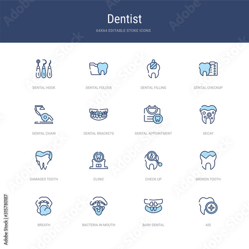 set of 16 vector stroke icons such as aid, baby dental, bacteria in mouth, breath, broken tooth, check up from dentist concept. can be used for web, logo, ui\u002fux