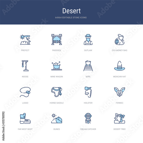 set of 16 vector stroke icons such as desert tree, dream catcher, dunes, far west boot, fennec, holster from desert concept. can be used for web, logo, ui\u002fux