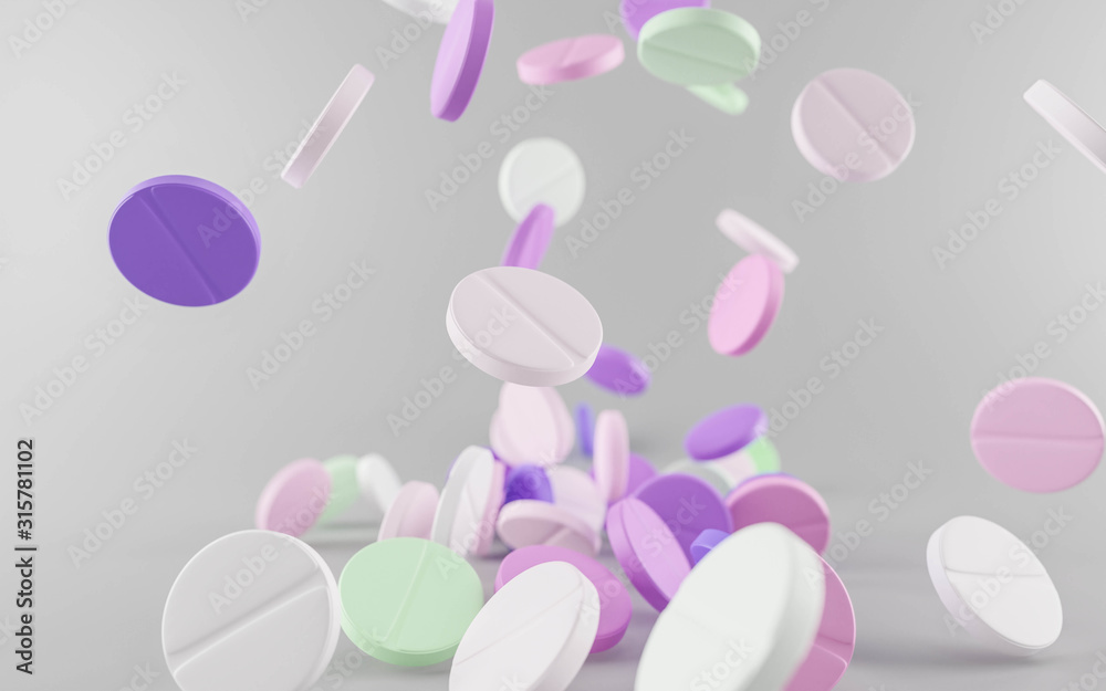 Many falling colorful pharma medication pills isolated on white 3d illustration render
