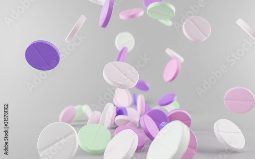 Many falling colorful pharma medication pills isolated on white 3d illustration render