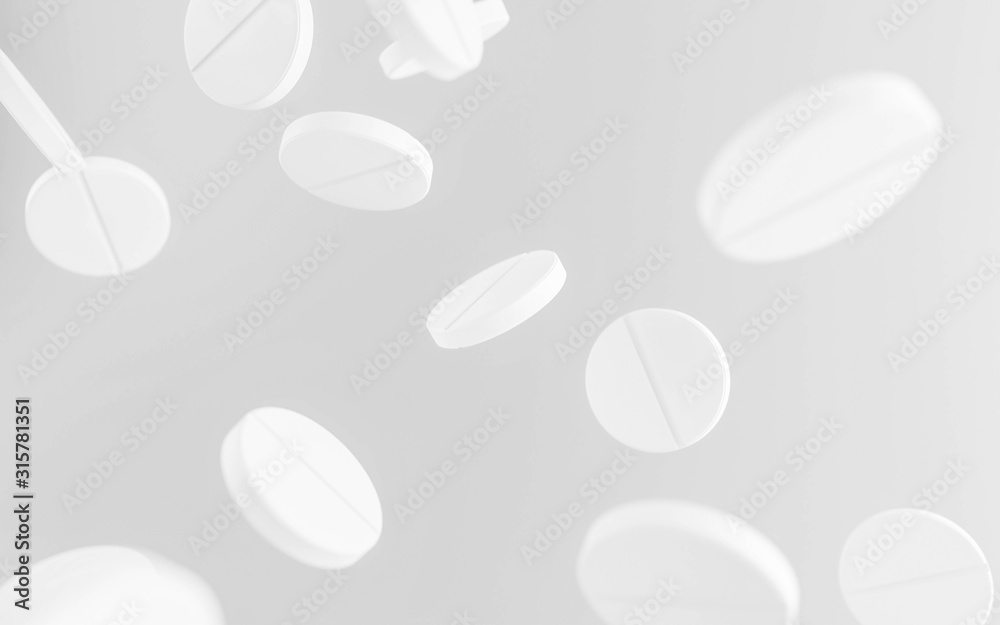 Many falling white pharma medication pills isolated on grey background 3d illustration render Many falling white pharma medication pills isolated on grey background 3d illustration render