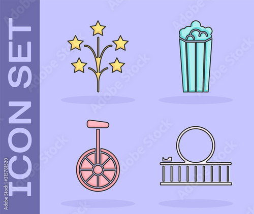 Set Roller coaster, Fireworks, Unicycle or one wheel bicycle and Popcorn in cardboard box icon. Vector