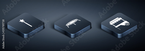 Set Isometric Magic wand, Fast street food cart with awning and Jumping trampoline icon. Vector