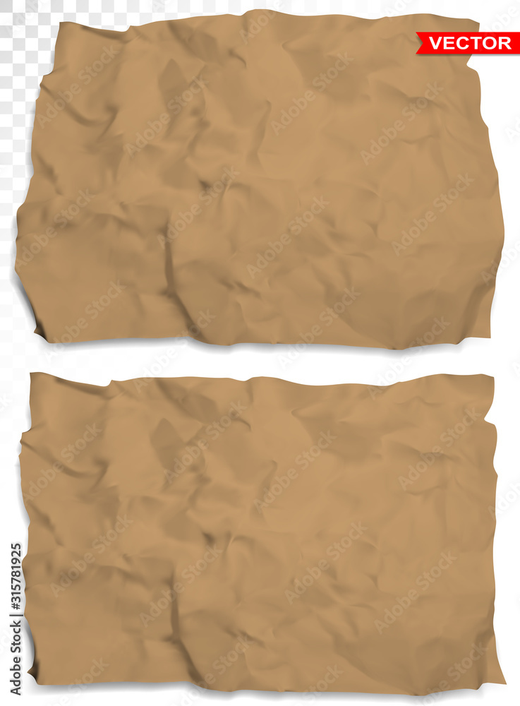 Fototapeta premium Wrinkled crumpled realistic empty brown carton paper texture. On gray background. Template for text banners products or business cards. Layered vector set.