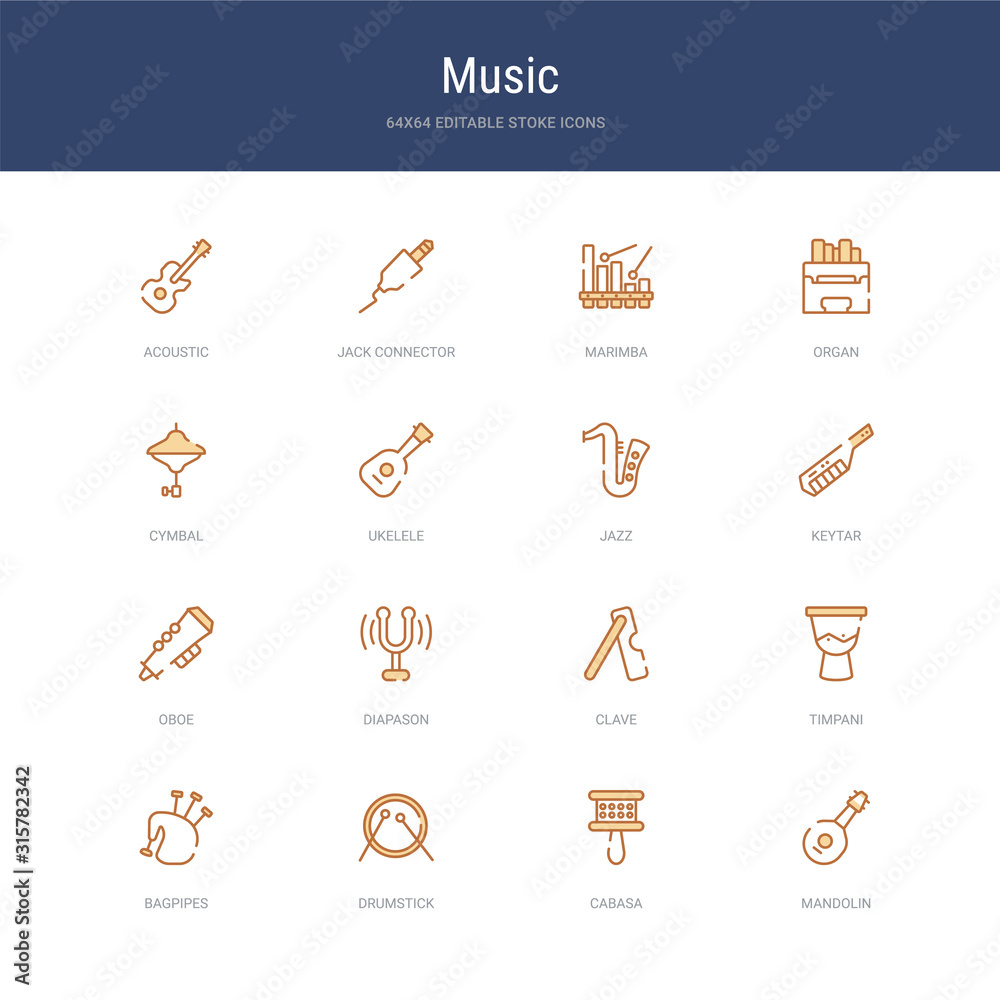 set of 16 vector stroke icons such as mandolin, cabasa, drumstick, bagpipes, timpani, clave from music concept. can be used for web, logo, ui\u002fux
