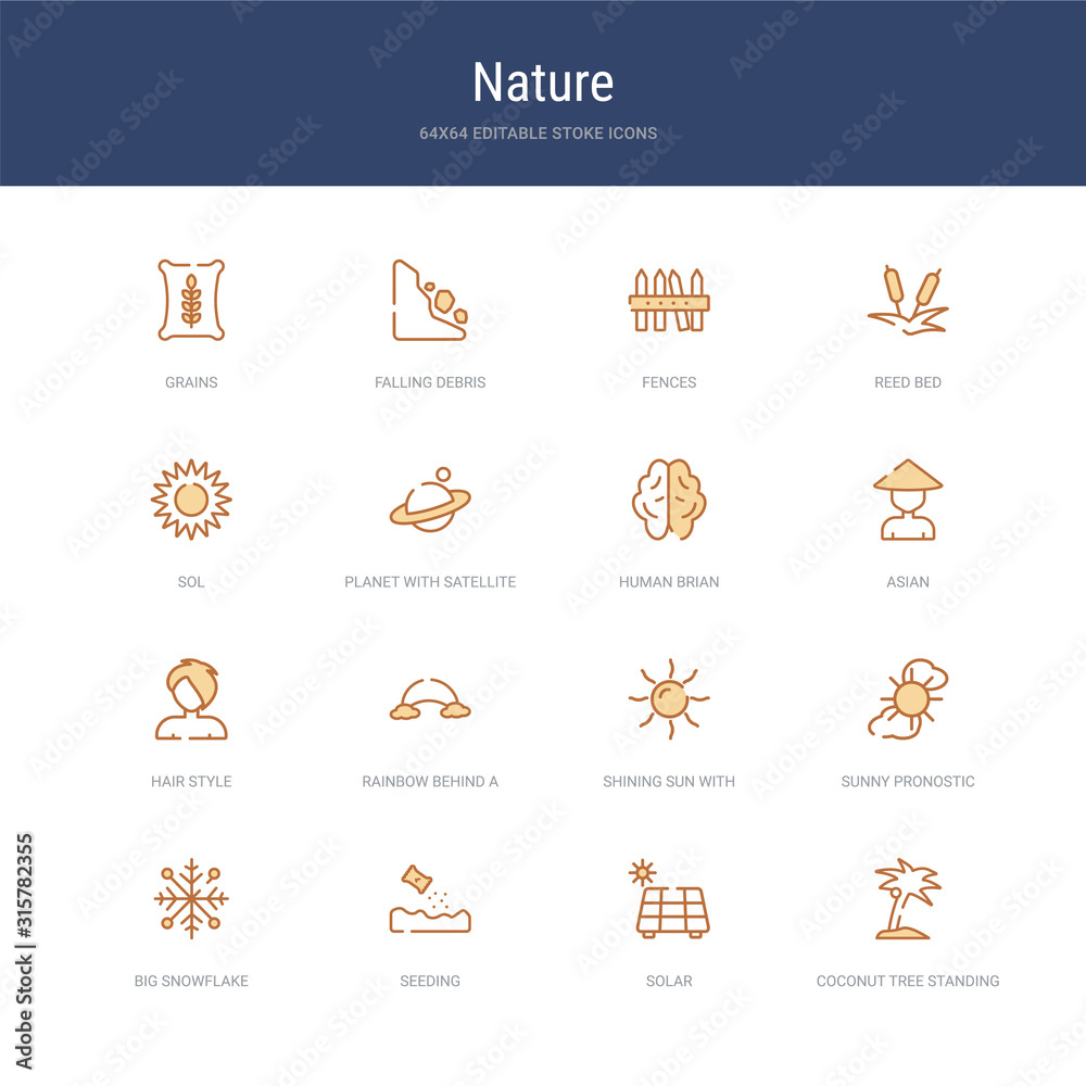 Fototapeta premium set of 16 vector stroke icons such as coconut tree standing, solar, seeding, big snowflake, sunny pronostic, shining sun with rays from nature concept. can be used for web, logo, ui\u002fux