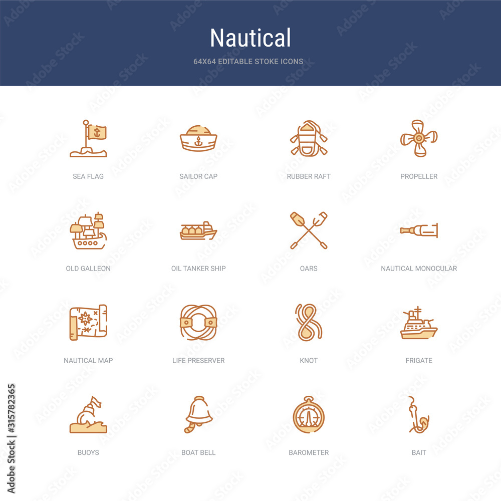 set of 16 vector stroke icons such as bait, barometer, boat bell, buoys, frigate, knot from nautical concept. can be used for web, logo, ui\u002fux