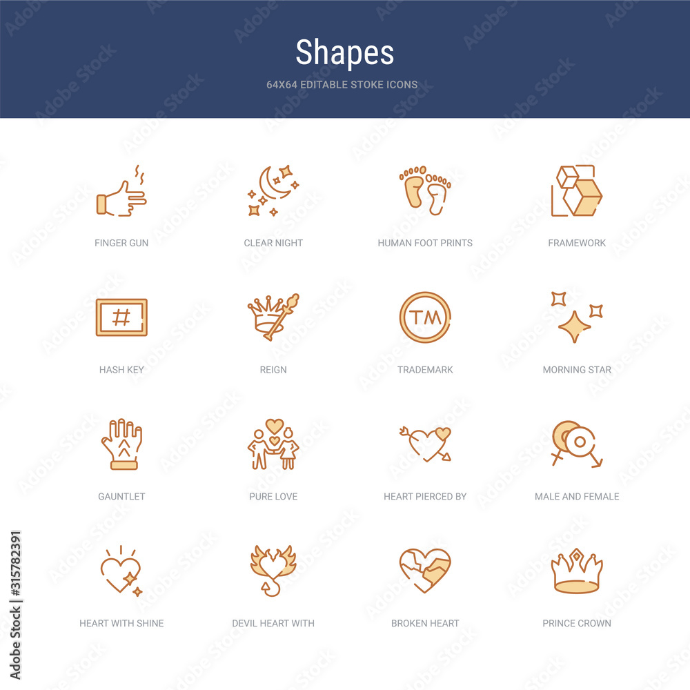 set of 16 vector stroke icons such as prince crown, broken heart, devil heart with wings, heart with shine, male and female, pierced by an arrow from shapes concept. can be used for web, logo,