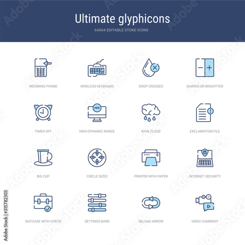 set of 16 vector stroke icons such as video comment, reload arrow, settings bars, suitcase with check, internet security, printer with paper from ultimate glyphicons concept. can be used for web,