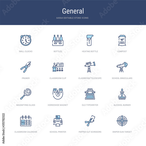 set of 16 vector stroke icons such as sniper gun target, papper cut scirssors, school printer, classroom calendar, alcohol burner, old typewriter from general concept. can be used for web, logo,