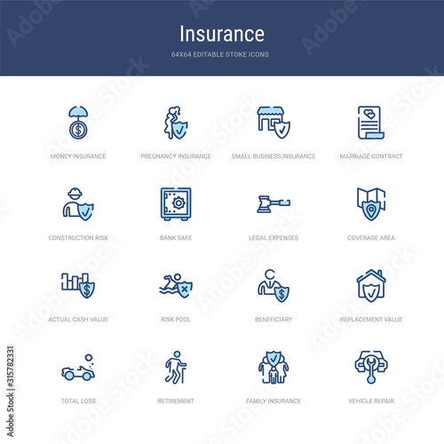 set of 16 vector stroke icons such as vehicle repair, family insurance, retirement, total loss, replacement value, beneficiary from insurance concept. can be used for web, logo, ui\u002fux