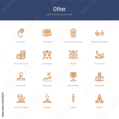 set of 16 vector stroke icons such as kremln, syrnge, arrowup, satelite antenna, super hero, self learning from other concept. can be used for web, logo, ui\u002fux
