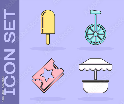 Set Attraction carousel, Ice cream, Ticket and Unicycle or one wheel bicycle icon. Vector