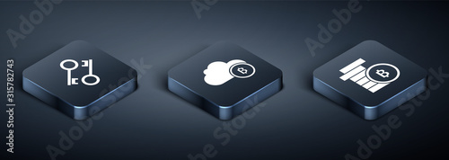 Set Isometric Cryptocurrency key, Cryptocurrency coin Bitcoin and Cryptocurrency cloud mining icon. Vector