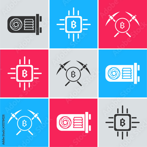 Set Mining farm, CPU mining farm and Crossed pickaxe icon. Vector