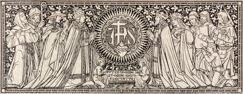 BRATISLAVA, SLOVAKIA, NOVEMBER - 21, 2016: The lithography of JHS (name of Jesus) initials in Missale Romanum by unknown artist with initials F.M.S from end of 19. cent. by Typis Friderici Pustet.