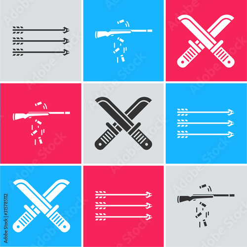 Set Hipster arrows, Gun shooting and Crossed hunter knife icon. Vector