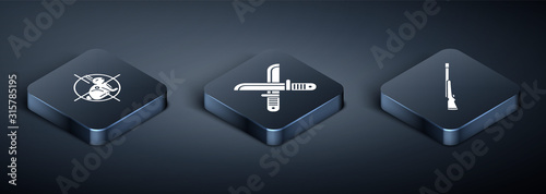 Set Isometric Hunt on rabbit with crosshairs, Hunting gun and Crossed hunter knife icon. Vector