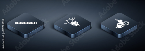 Set Isometric Hunting cartridge belt with cartridges, Hunt on rabbit with crosshairs and Deer head with antlers icon. Vector