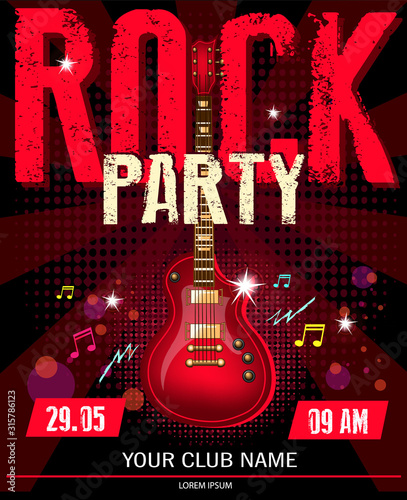 Vector illustration rock festival concert party flyer or poster design template with guitar, place for text and cool effects in the background. Abstract music background with guitar