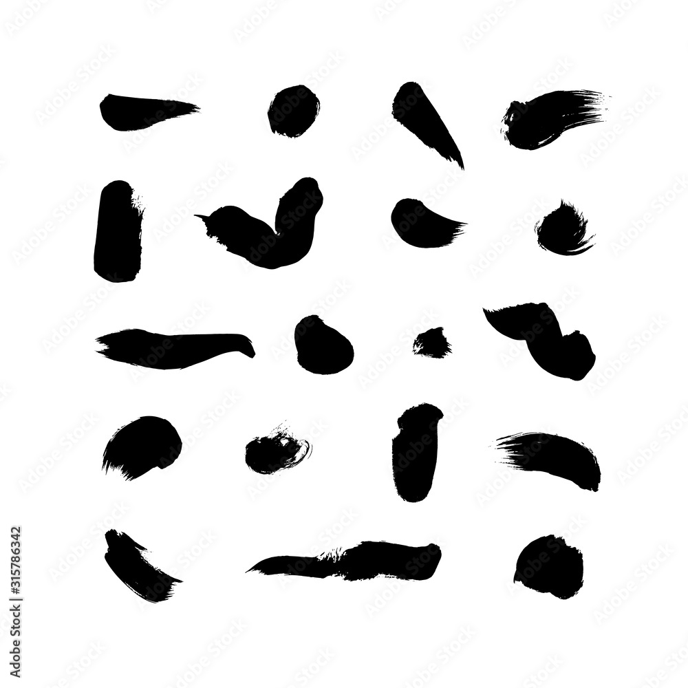 Grunge hand drawn black stains vector design elements set. Dry brush strokes spots, blobs collection isolated on white background. Grunge hand drawn black stains vector design elements set. Dry brush strokes spots, blobs collection isolated on white background.