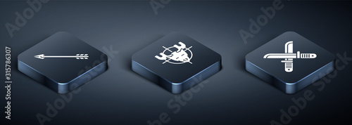 Set Isometric Hipster arrow, Crossed hunter knife and Hunt on moose with crosshairs icon. Vector