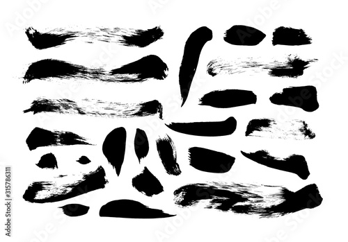 Grunge hand drawn black smears vector illustrations set. Dry brush strokes collection isolated on white background.